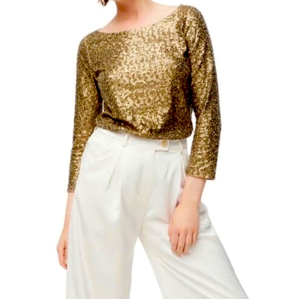 J Crew long sleeve sequin top, bronzed olive, xs